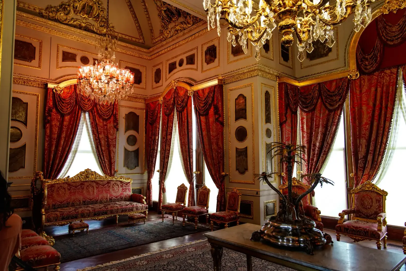 The Mecidiye Pavilion salon — chandeliers and European furniture from the last phase of the palace.