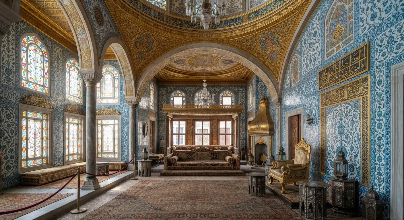 The Valide Sultan's apartments in the Harem: blue and white Iznik tiles, gilded ceilings and stained-glass light.