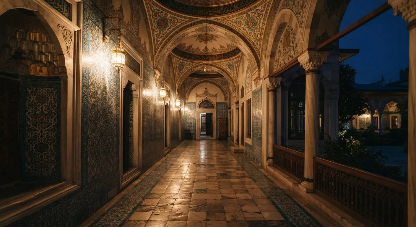 A long corridor in the Harem at dusk, geometric floor tiles and decorated ceilings in warm light.