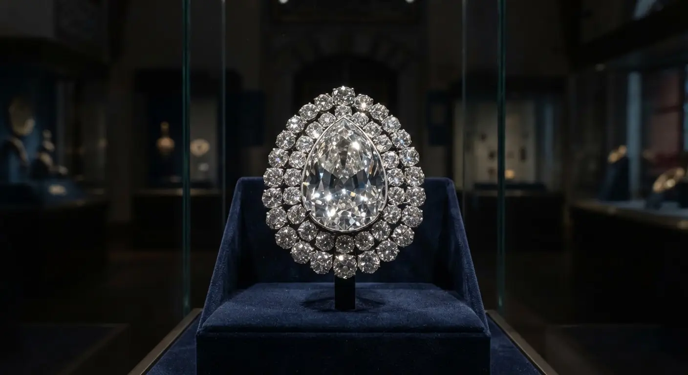 The Spoonmaker's Diamond on display in the Imperial Treasury, ringed by two rows of smaller diamonds.