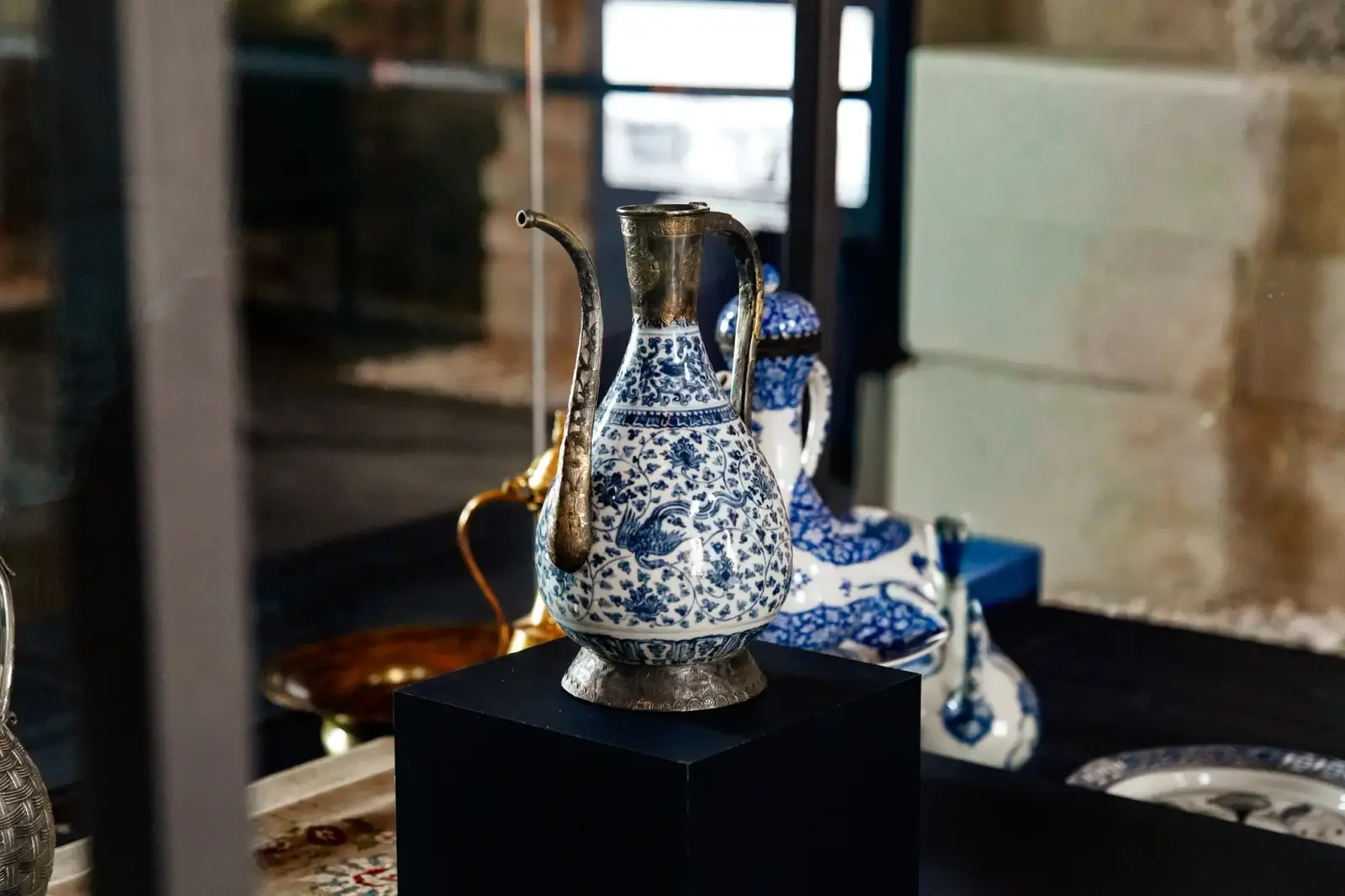 A blue-and-white porcelain ewer with silver mounts, made for the Ottoman court.