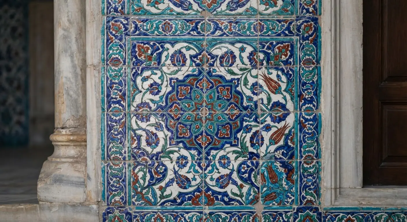A close view of Iznik tiles: geometric and floral motifs in turquoise, cobalt and tomato red.