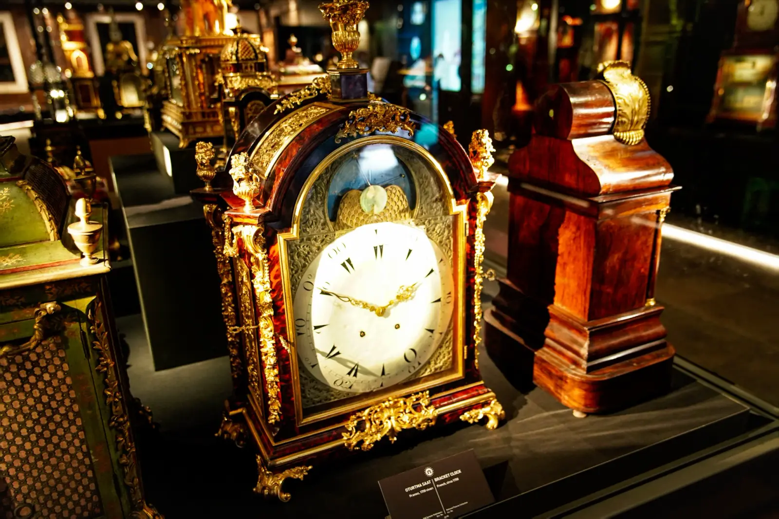 Gilded European bracket clocks in the Topkapi clock collection.
