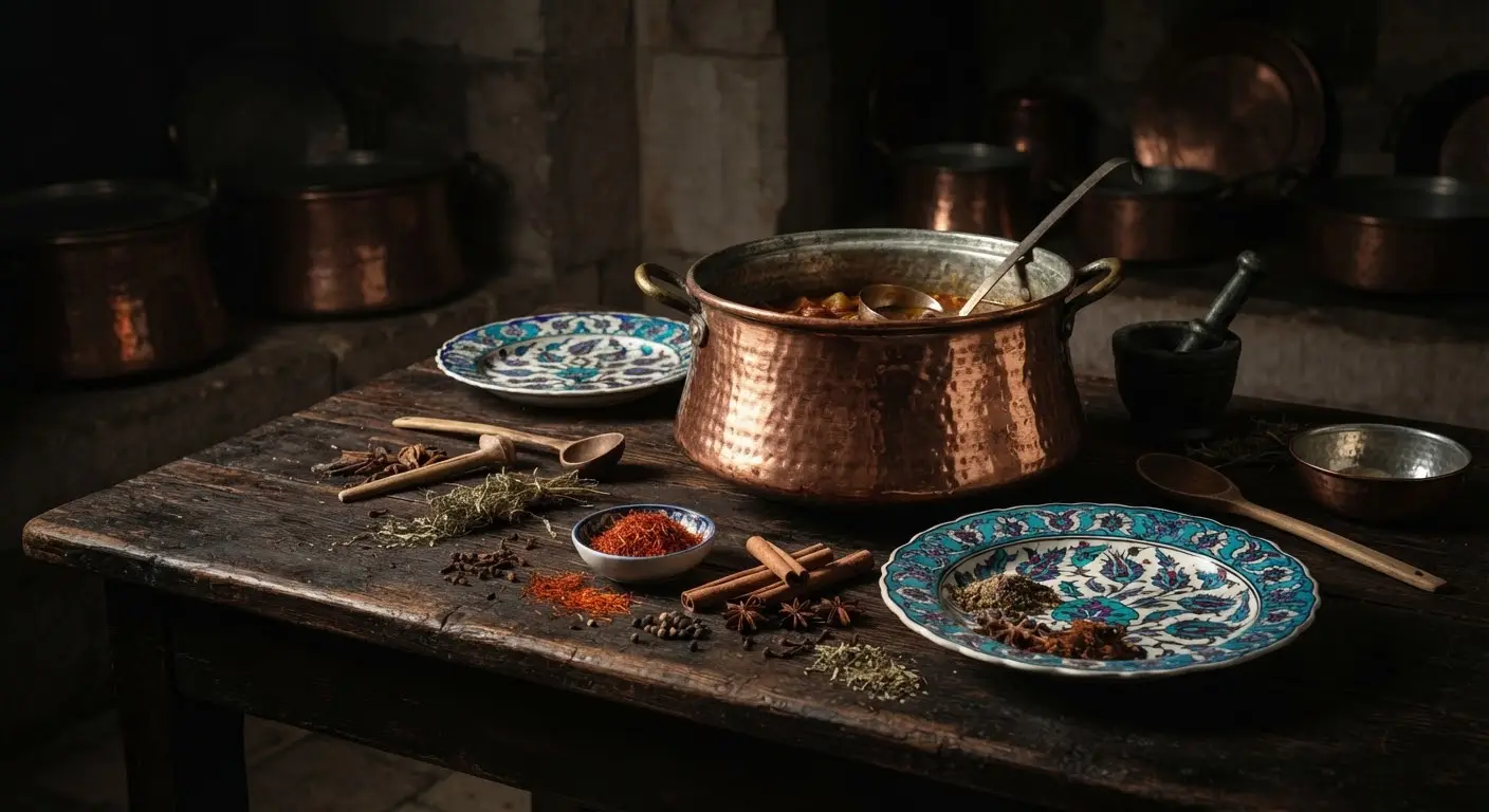 A still life of palace kitchen objects: a copper cauldron, porcelain plates, saffron and cinnamon.
