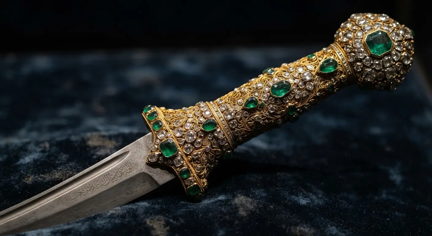 A macro view of an Ottoman dagger from the treasury, hilt encrusted with emeralds and diamonds.