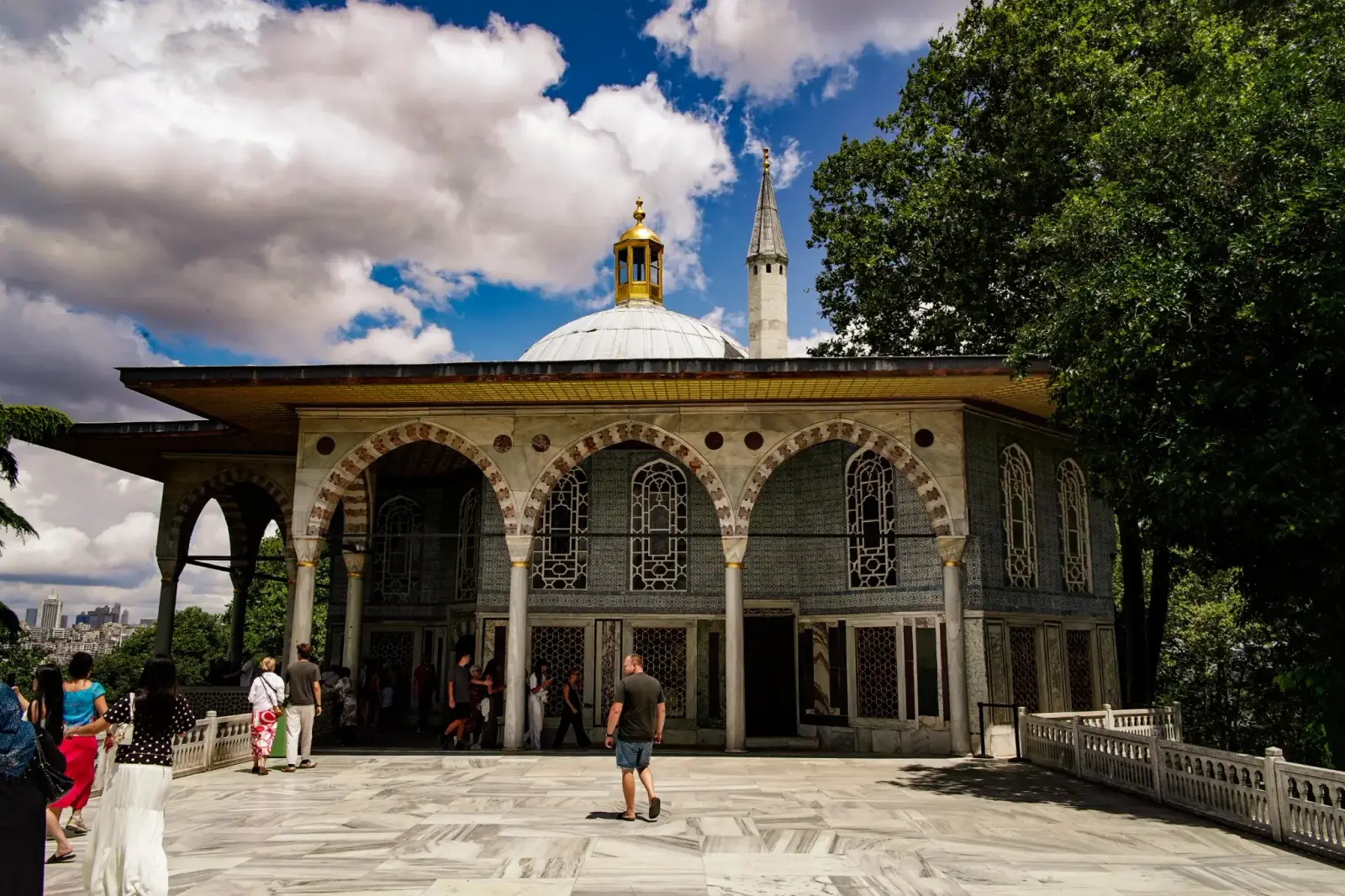 The Baghdad Pavilion on the marble terrace, its columned portico open towards the Golden Horn.