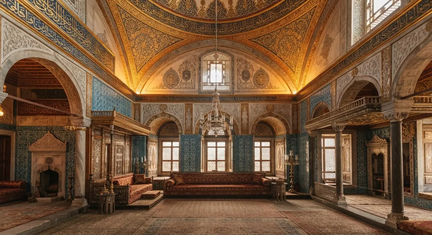 The Imperial Council Chamber: gold-leaf calligraphy on the ceiling and carved marble.