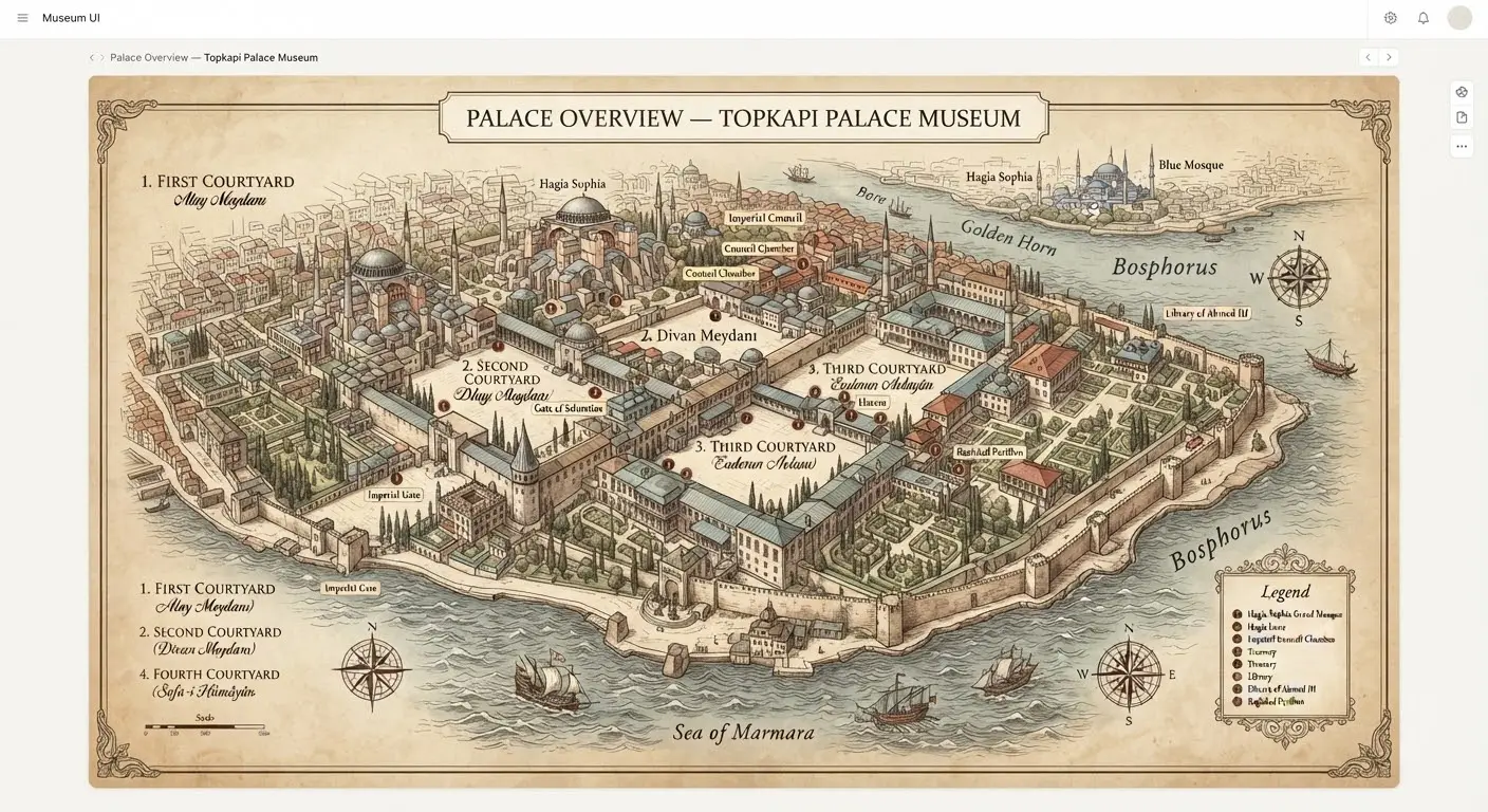 An illustrated aerial map of the palace grounds in a vintage parchment style, showing the four courtyards and the sea.
