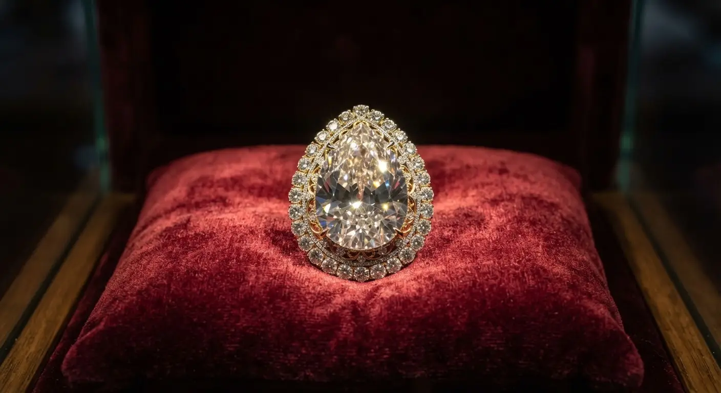 The Spoonmaker's Diamond on crimson velvet in a dimly lit display case.