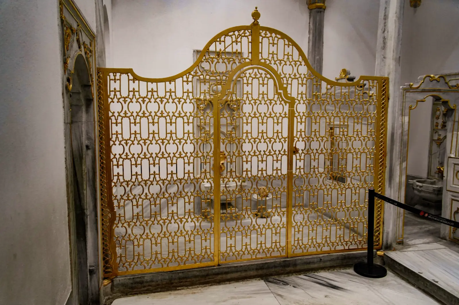 The gilded metal screen of the sultan's bath in the Harem, worked to let steam through but not sight.