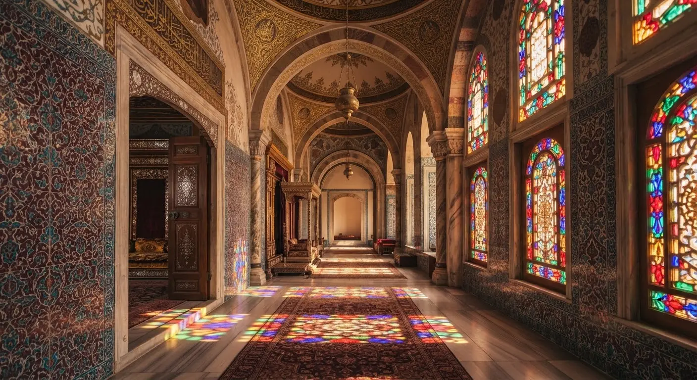 The Harem at golden hour, light through stained glass patterning the Iznik tile walls.